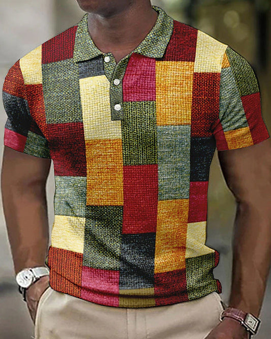 Polo homme – Coupe slim – Maille douce – Motif patchwork – Patte de boutonnage classique