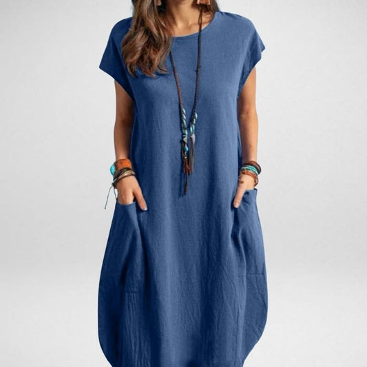 Robe longue femme – Coupe décontractée – Tissu respirant – Manches courtes avec poches