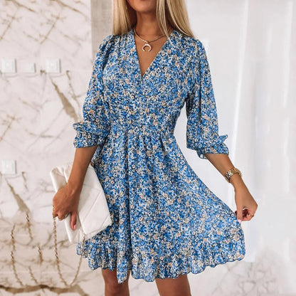 Robe mini femme – Coupe décontractée – Tissu respirant – Manches bouffantes 3/4