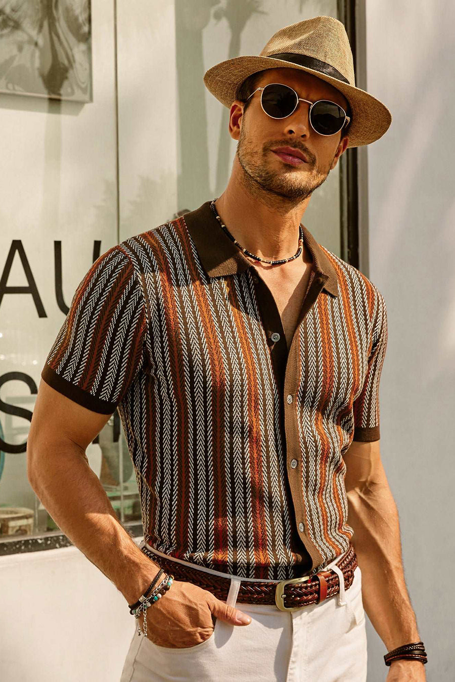 Polo homme – Coupe slim – Manches courtes – Rayures rétro