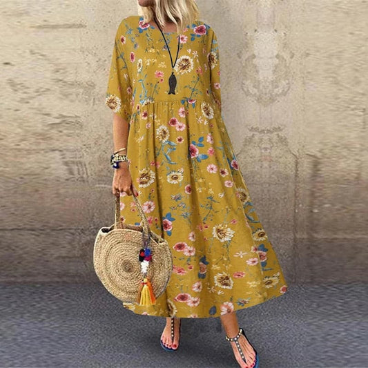 Robe longue femme – Coupe décontractée – Motif fleuri – Tissu respirant – Manches courtes