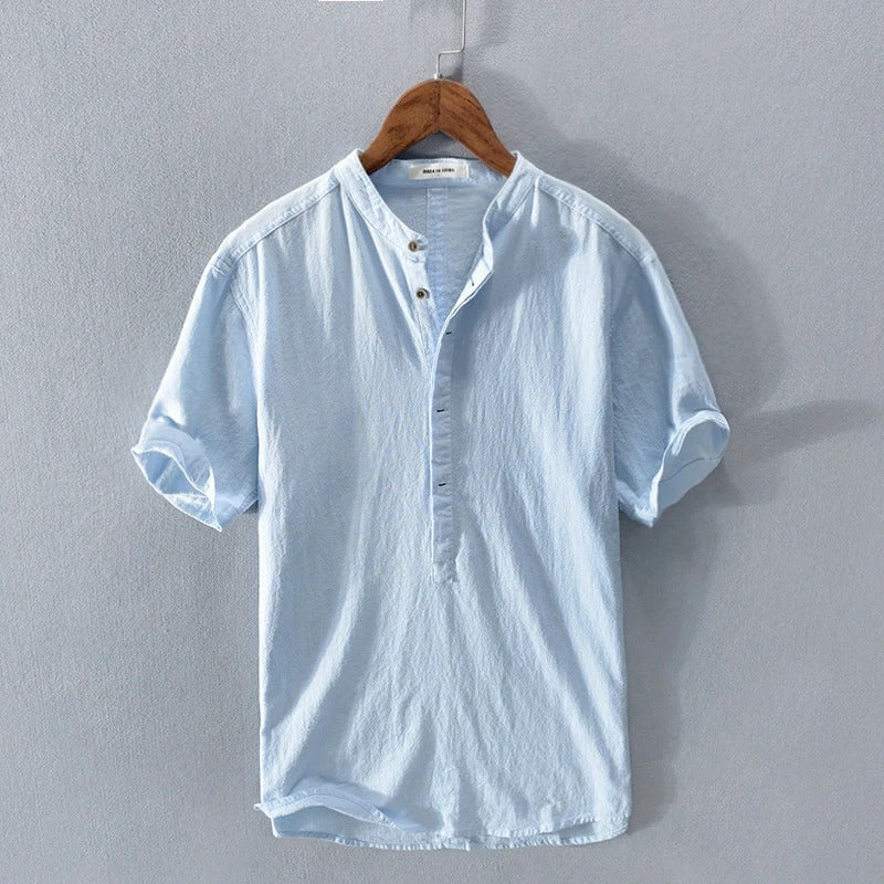 Chemise homme manches courtes – Coupe décontractée – Fibres naturelles – Col mao