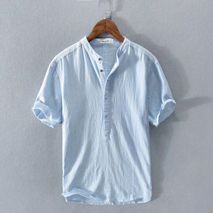 Chemise homme manches courtes – Coupe décontractée – Fibres naturelles – Col mao