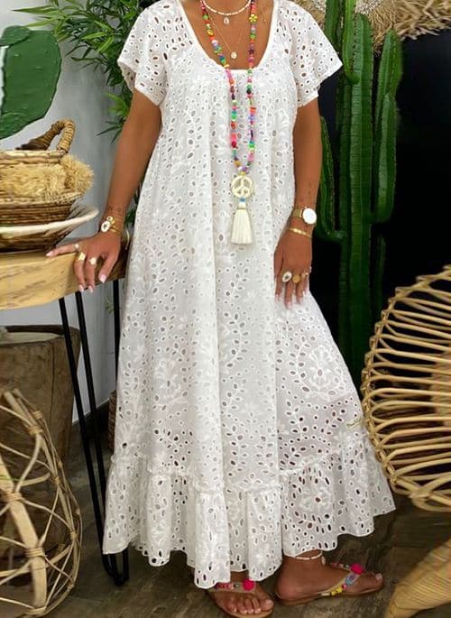 Robe longue femme – Coupe ample – Broderie anglaise – Fibres naturelles – Manches courtes