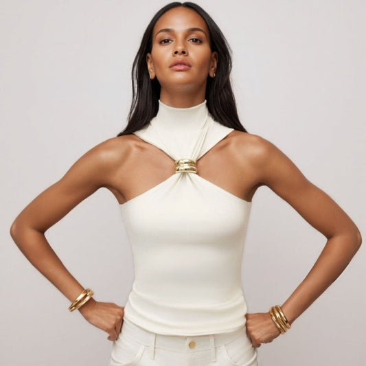 Débardeur femme – Coupe slim – Encolure dos nu – Détail anneau métal – Maille douce