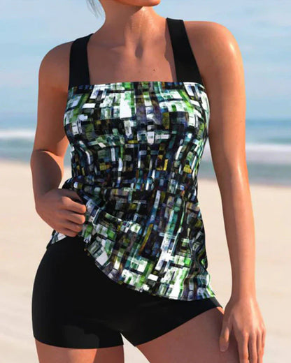 Tankini femme – Ensemble deux pièces – Haut fluide à bretelles larges – Short couvrant