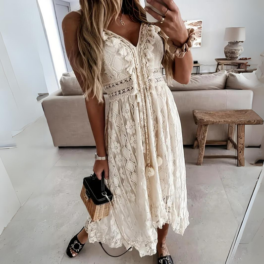 Robe midi femme – Coupe fluide – Détails en dentelle – Bretelles fines – Style bohème