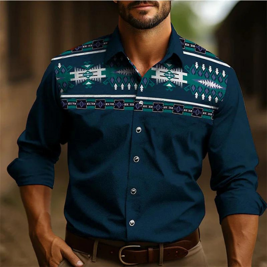 Chemise homme – Coupe ajustée – Manches longues – Motif géométrique rétro – Tissu respirant