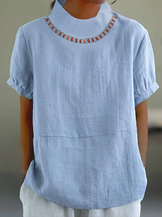Blouse Femme – Coupe Ample – Manches Courtes Revers – Encolure Décorative – Tissu Respirant