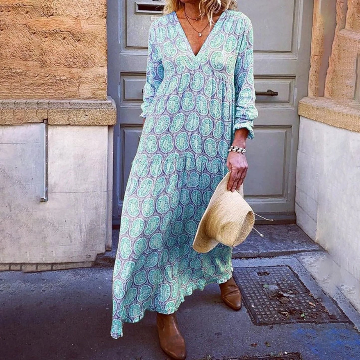 Robe longue femme – Coupe décontractée – Imprimé géométrique – Tissu respirant – Manches longues