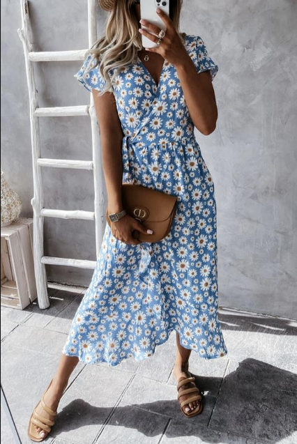 Robe femme midi – Coupe décontractée – Manches courtes – Imprimé floral fluide