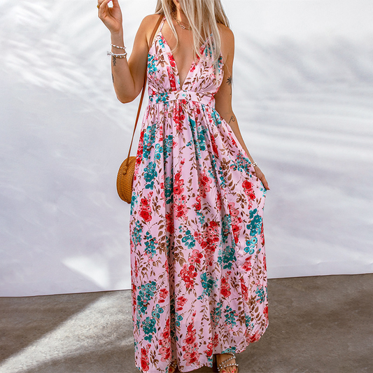 Robe Longue Femme – Imprimé Fleuri – Décolleté Plongeant – Tissu Respirant – Coupe Fluide