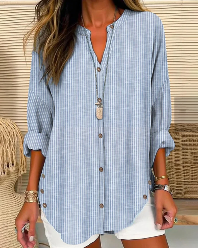 Blouse femme – Coupe décontractée – Tissu respirant – Rayures – Manches 3/4 retroussées