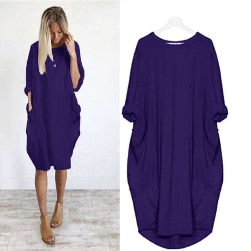 Robe midi femme – Coupe ample – Tissu respirant – Manches retroussées – Poches