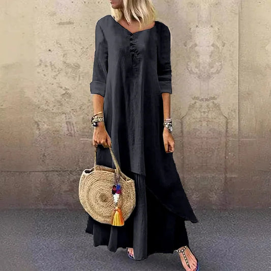 Robe midi femme – Coupe ample – Fibres naturelles – Manches 3/4 – Style superposé