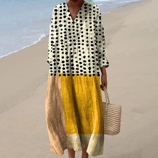 Robe midi femme – Coupe ample – Manches longues – Col V – Fibres naturelles – Imprimé géométrique