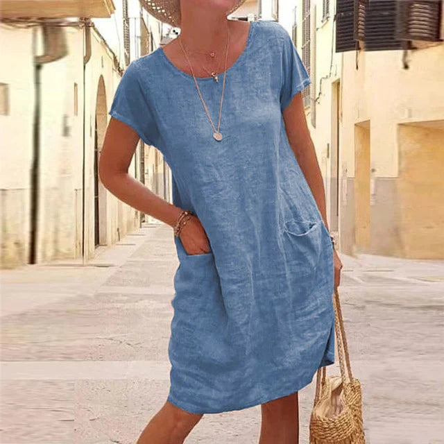 Robe décontractée femme – Fibres naturelles – Coupe droite – Manches courtes – Longueur genou