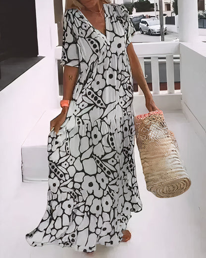 Robe longue femme – Coupe décontractée – Col V profond – Manches courtes – Tissu respirant