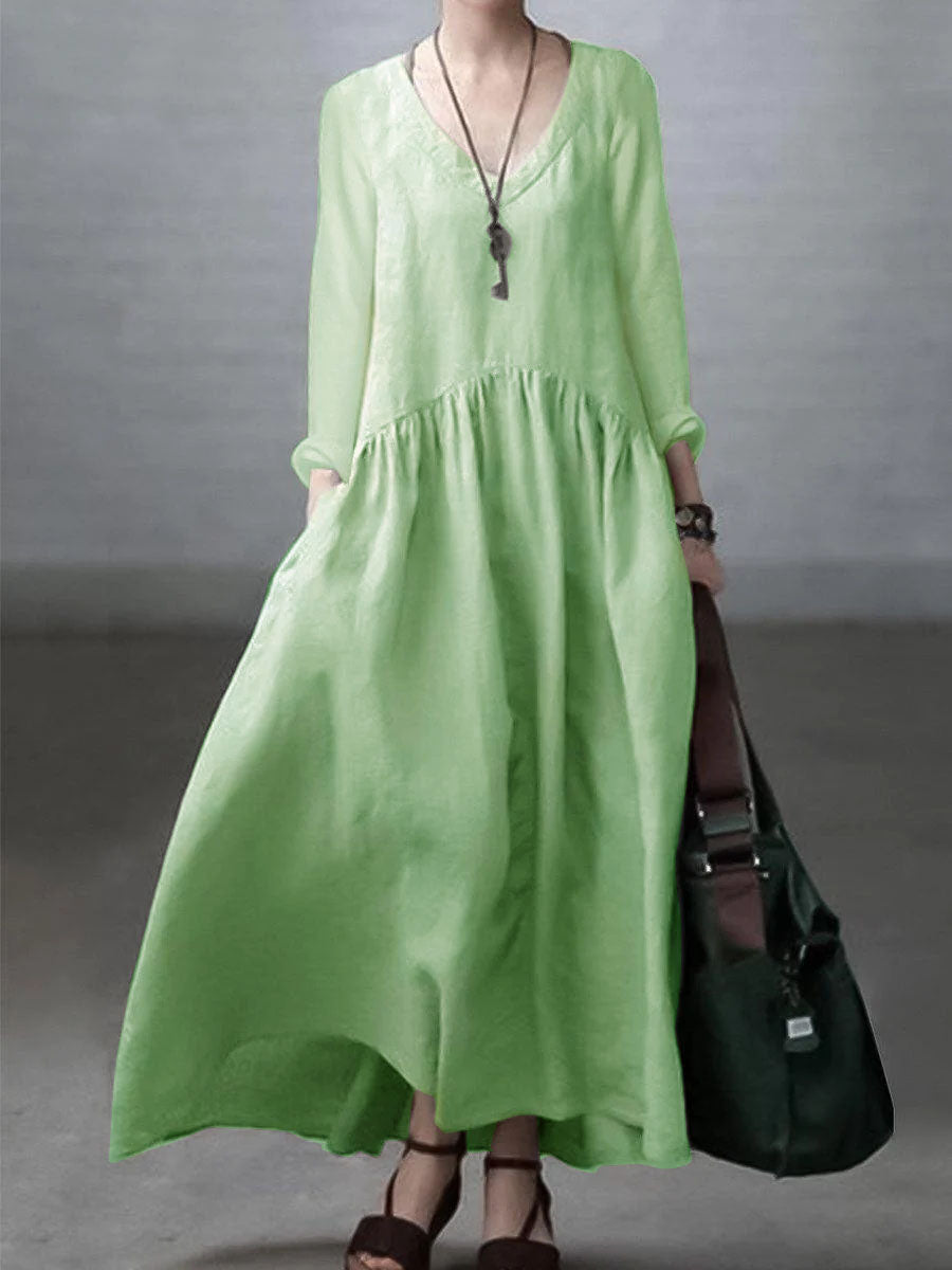 Robe longue femme – Coupe décontractée – Fibres naturelles – Manches longues – Col V