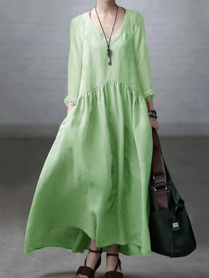 Robe longue femme – Coupe décontractée – Fibres naturelles – Manches longues – Col V