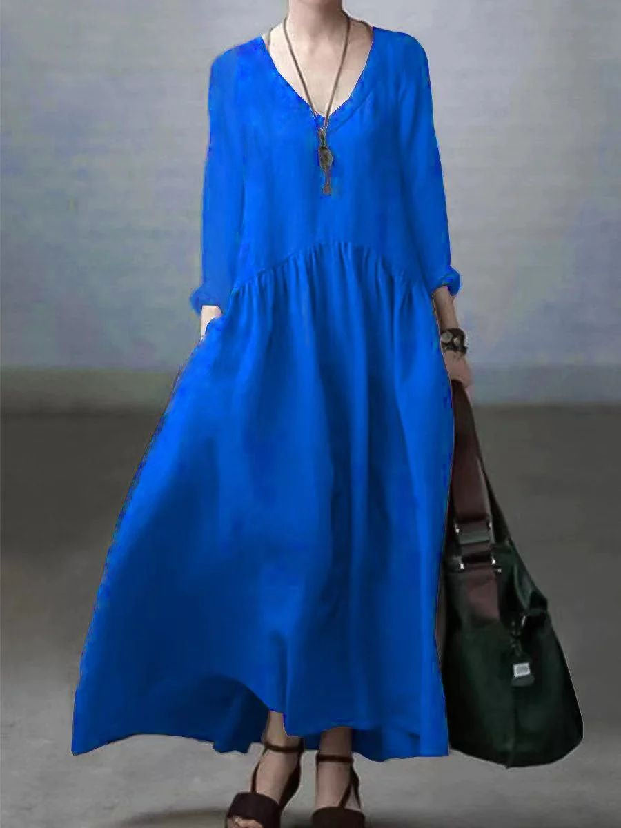Robe longue femme – Coupe décontractée – Fibres naturelles – Manches longues – Col V