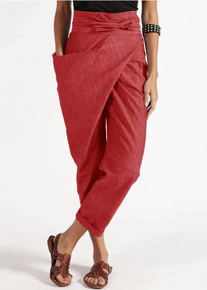 Pantalon femme – Taille haute – Coupe ample – Détail noué – Fibres naturelles