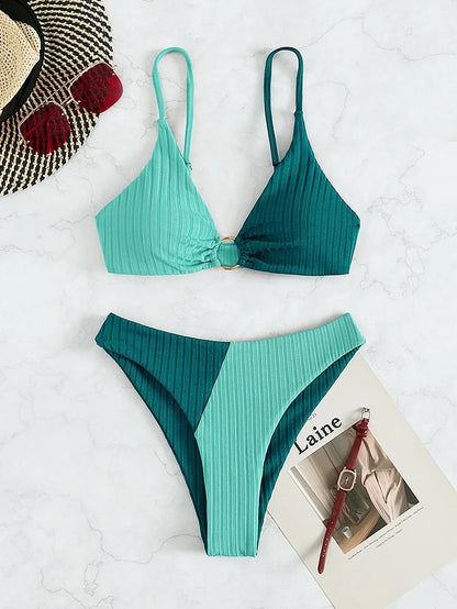 Bikini femme – Haut push-up ajustable – Taille haute – Tissu côtelé – Détail anneau