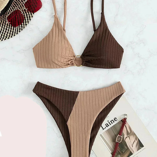 Bikini femme – Haut push-up ajustable – Taille haute – Tissu côtelé – Détail anneau