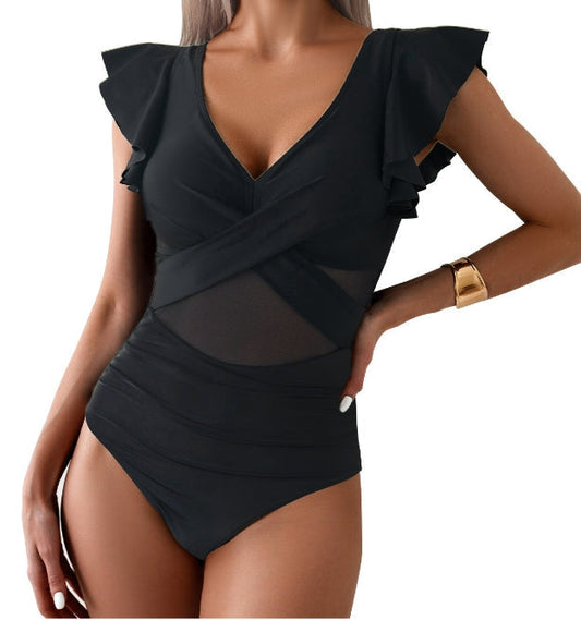Maillot de bain 1 pièce femme – Décolleté plongeant – Manches à volants – Détail en mesh