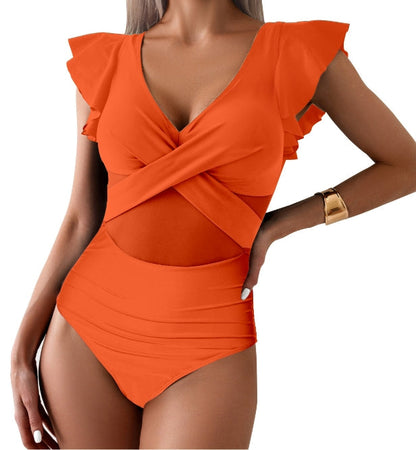 Maillot de bain 1 pièce femme – Décolleté plongeant – Manches à volants – Détail en mesh