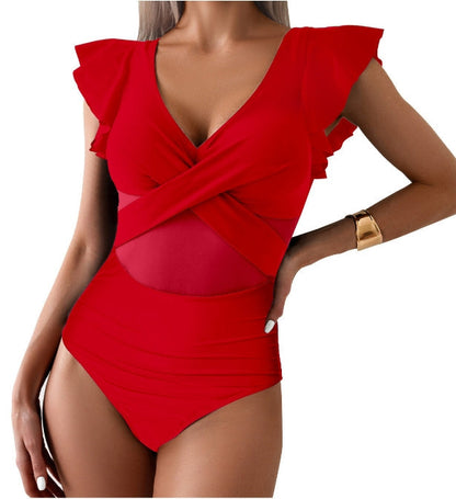 Maillot de bain 1 pièce femme – Décolleté plongeant – Manches à volants – Détail en mesh