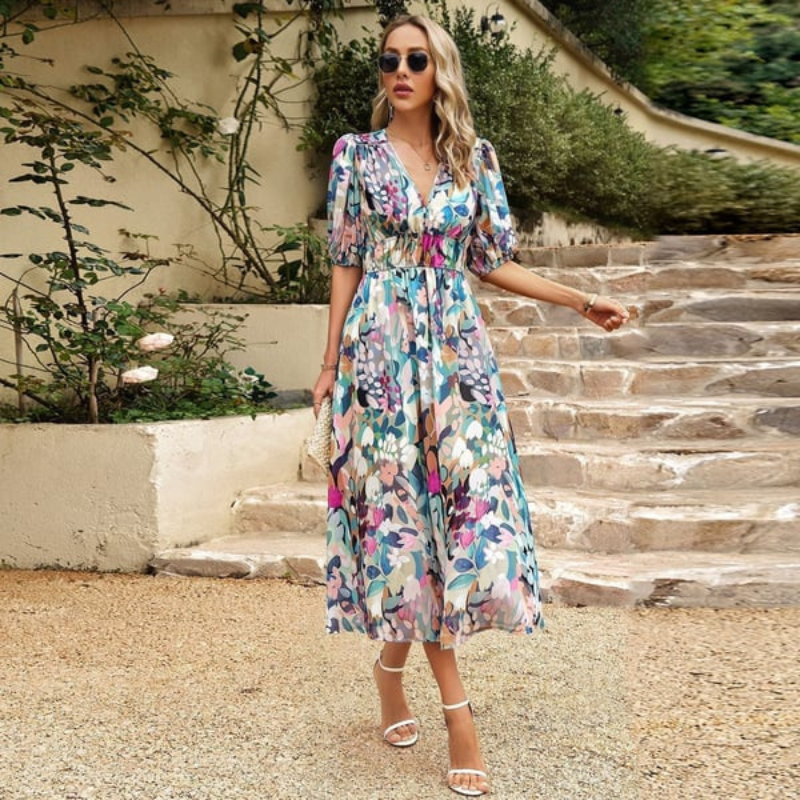 Robe midi femme – Coupe évasée – Décolleté en V – Manches bouffantes – Tissu respirant