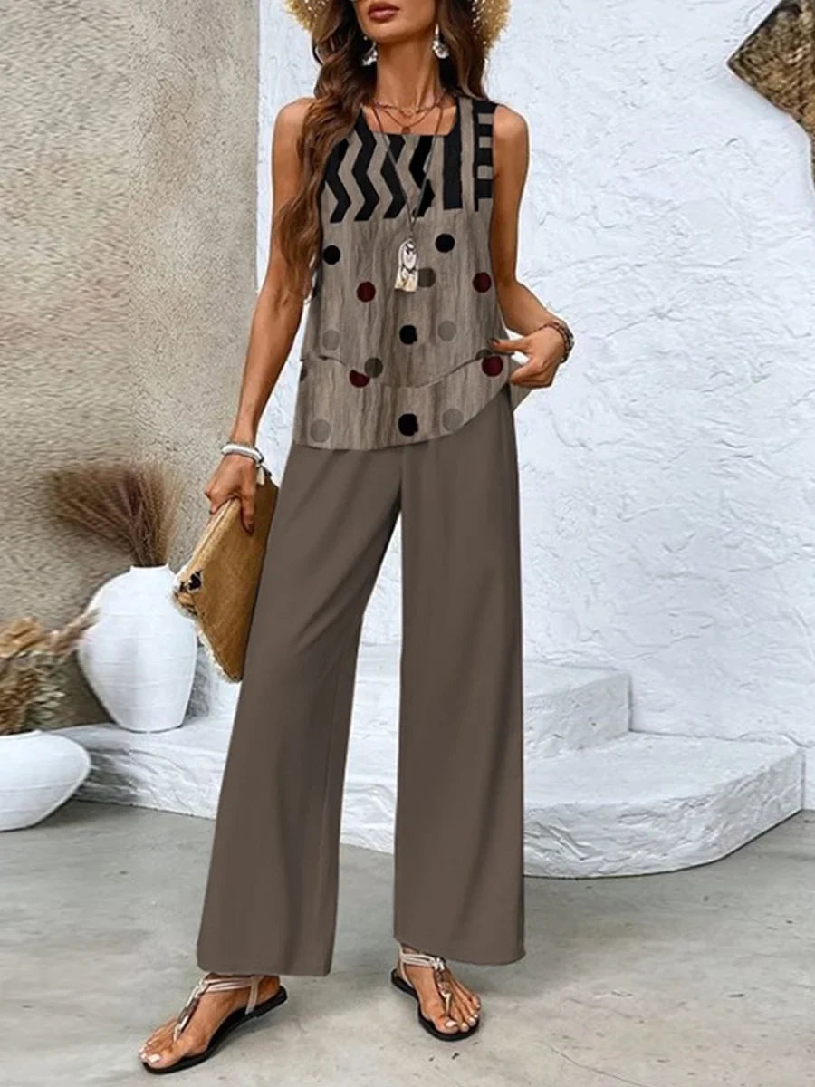 Ensemble deux pièces pour femmes – Débardeur à Motifs & Pantalon Large – Coupe Ample – Tissu Respirant