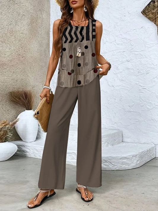 Ensemble deux pièces pour femmes – Débardeur à Motifs & Pantalon Large – Coupe Ample – Tissu Respirant