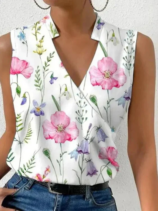Top sans manches femme – Coupe cintrée – Décolleté cache-cœur – Imprimé floral – Tissu respirant