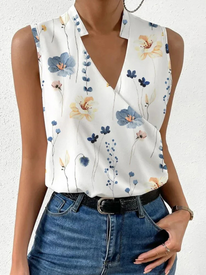 Top sans manches femme – Coupe cintrée – Décolleté cache-cœur – Imprimé floral – Tissu respirant