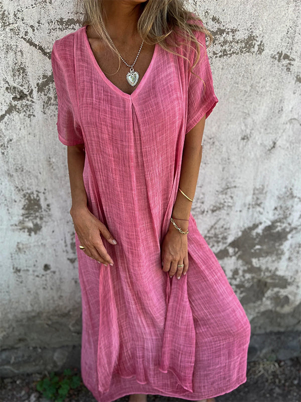 Robe femme – Coupe décontractée – Tissu respirant – Col en V – Manches courtes fluides