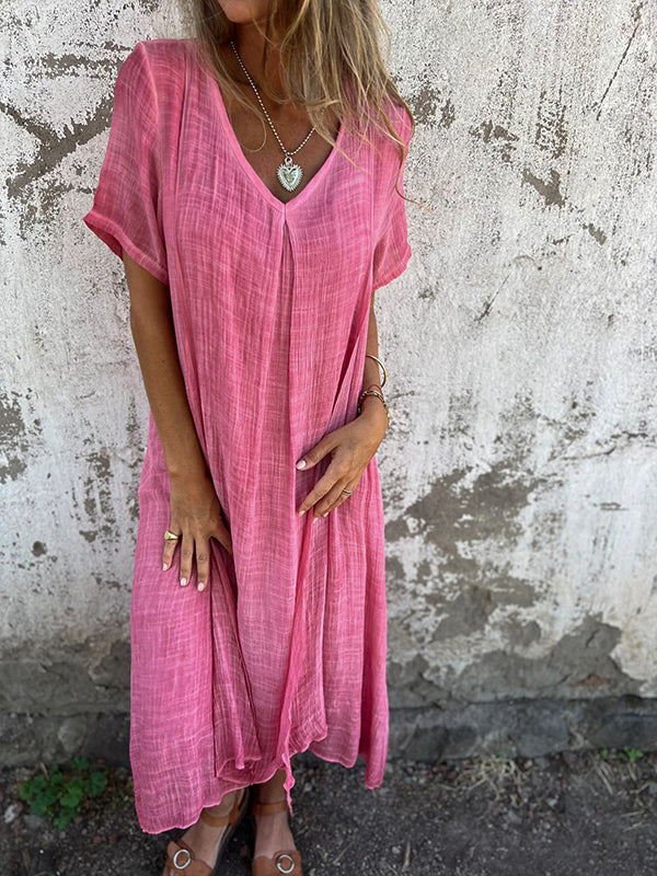 Robe femme – Coupe décontractée – Tissu respirant – Col en V – Manches courtes fluides