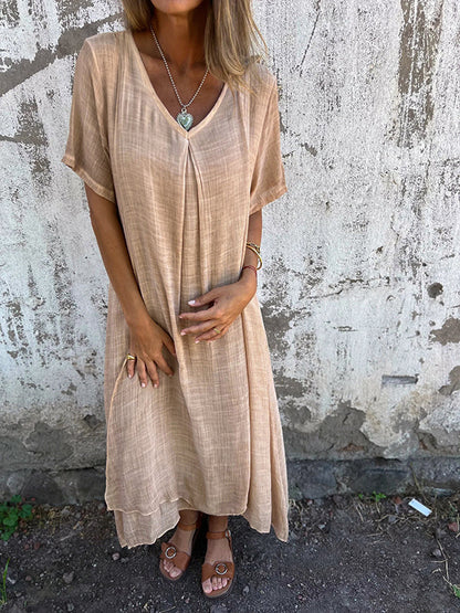 Robe femme – Coupe décontractée – Tissu respirant – Col en V – Manches courtes fluides