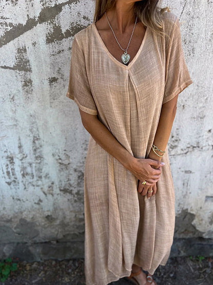 Robe femme – Coupe décontractée – Tissu respirant – Col en V – Manches courtes fluides