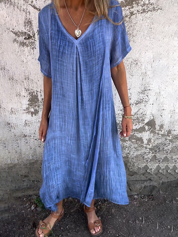 Robe femme – Coupe décontractée – Tissu respirant – Col en V – Manches courtes fluides