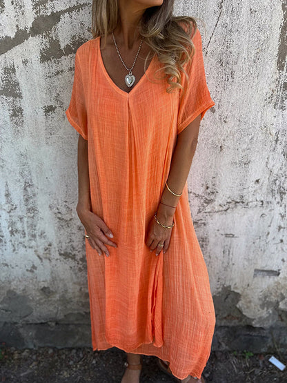 Robe femme – Coupe décontractée – Tissu respirant – Col en V – Manches courtes fluides