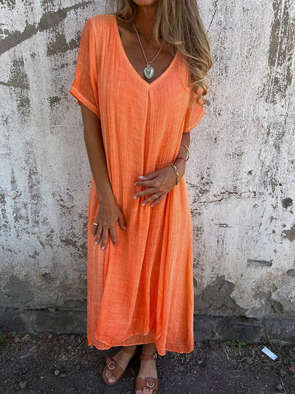Robe femme – Coupe décontractée – Tissu respirant – Col en V – Manches courtes fluides
