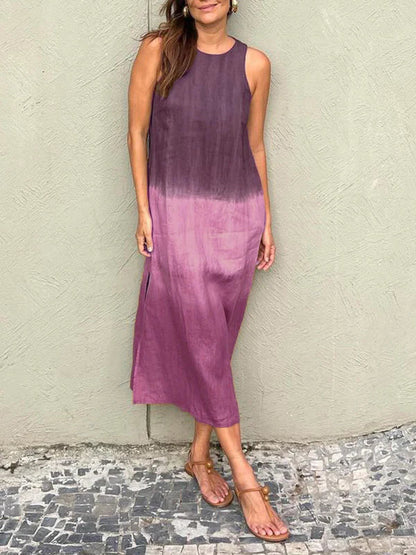 Robe midi femme – Coupe décontractée – Sans manches – Fibres naturelles – Fente côté