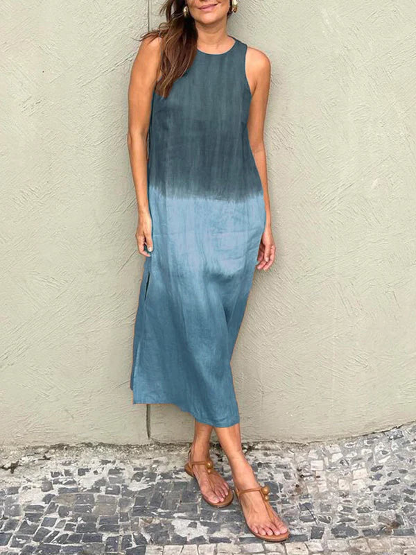 Robe midi femme – Coupe décontractée – Sans manches – Fibres naturelles – Fente côté