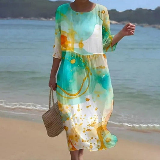 Robe longue femme – Coupe ample – Tissu respirant – Manches 3/4 – Col rond