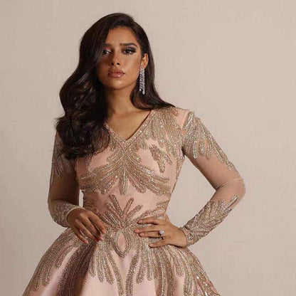 Women's evening dress – Plunging neckline – Long sleeves – Sequins – Flared cut