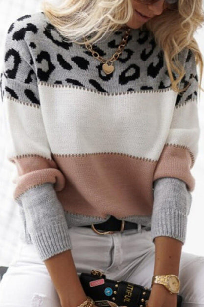 Femme Pull Oversize - Tricot Doux - Motif Animal - Bordures Côtelées - Décontracté