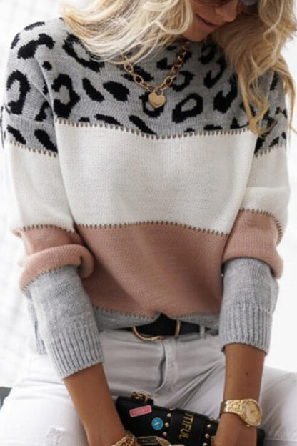 Femme Pull Oversize - Tricot Doux - Motif Animal - Bordures Côtelées - Décontracté