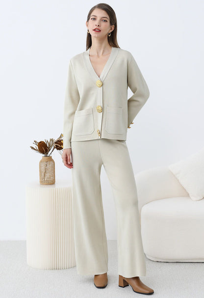 Femme Cardigan Tricot Fin - Coupe Droite - Élégante - Boutons Décoratifs - Poches Avant